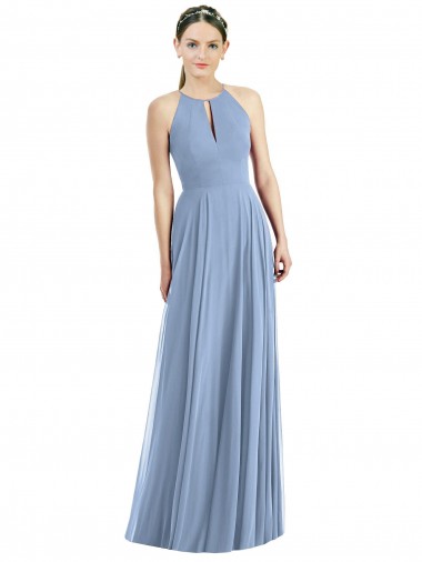 Long Sleeveless Soft Chiffon Dusty Blue Halter Neck A-Line Semi Formal Evening Dress / Bridesmaid Dress Edmonton