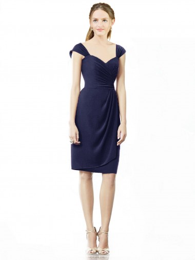 Knee Length Cap Sleeves Soft Chiffon Dark Navy Sheath Bridesmaid Dress Edmonton