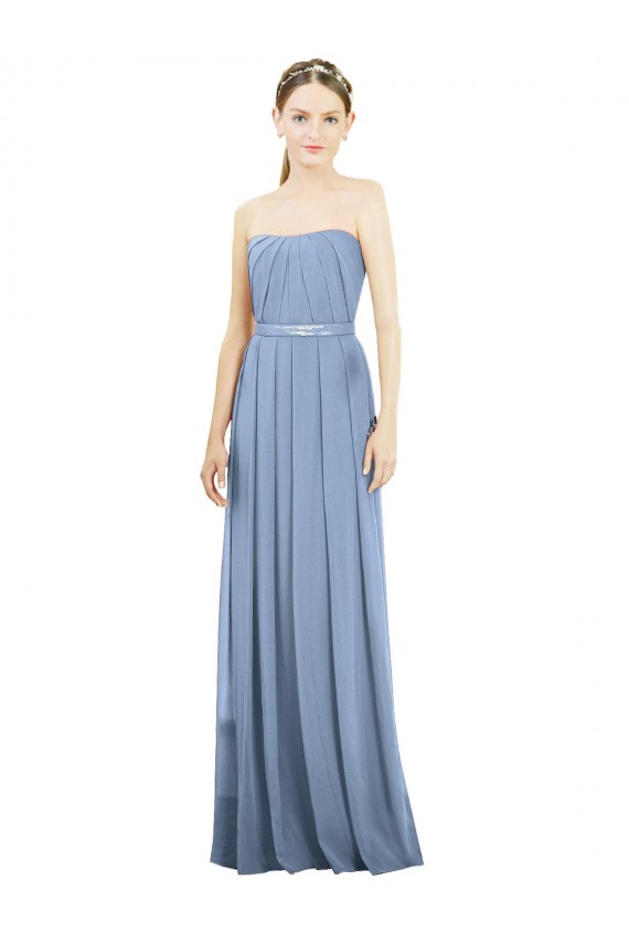Long Sleeveless Soft Chiffon Dusty Blue Strapless A-Line Bridesmaid Dress Edmonton