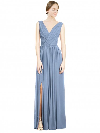 Long Sleeveless Soft Chiffon Dusty Blue A-Line Semi Formal Evening Dress / Bridesmaid Dress Edmonton