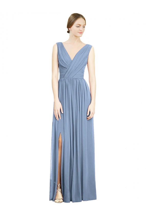 Long Sleeveless Soft Chiffon Dusty Blue A-Line Semi Formal Evening Dress / Bridesmaid Dress Edmonton