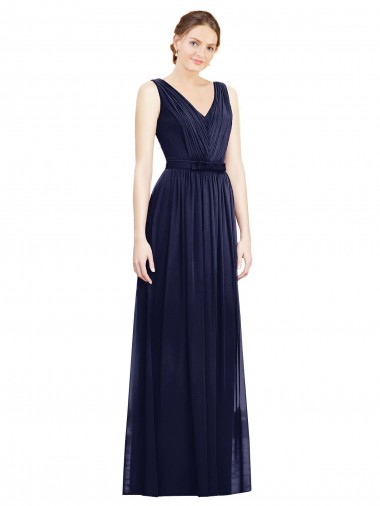 Long Sleeveless Chiffon Dark Navy V-Neck A-Line Bridesmaid Gowns Edmonton