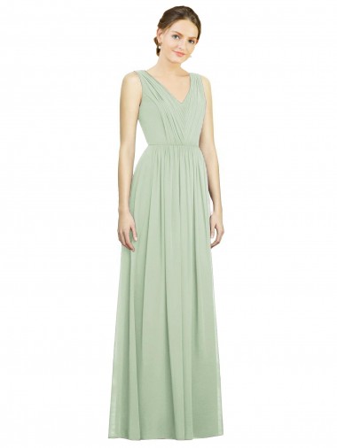 Long Sleeveless Soft Chiffon Sage V-Neck A-Line Bridesmaid Dress Edmonton