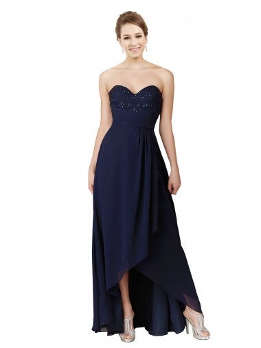 Long Sleeveless Soft Chiffon Dark Navy A-Line High Low Bridesmaid Dress Edmonton
