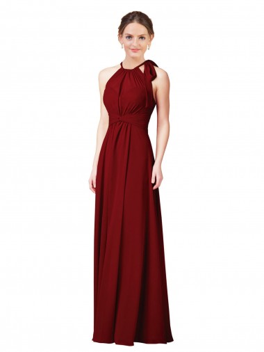 Long Sleeveless Soft Chiffon Burgundy Halter Neck Sheath Bridesmaid Dress Edmonton