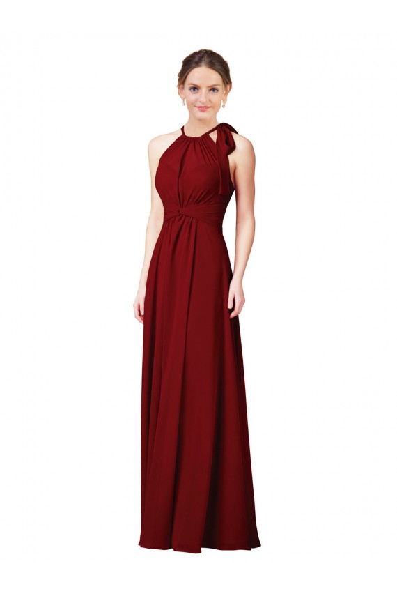 Long Sleeveless Soft Chiffon Burgundy Halter Neck Sheath Bridesmaid Dress Edmonton