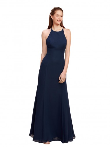 Long Sleeveless Soft Chiffon Dark Navy Halter Neck Mermaid Prom Dress / Bridesmaid Dress Edmonton