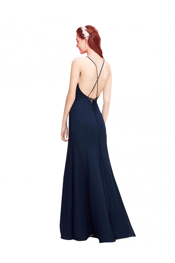 Long Sleeveless Soft Chiffon Dark Navy Halter Neck Mermaid Prom Dress / Bridesmaid Dress Edmonton