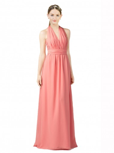Long Sleeveless Soft Chiffon Watermelon Halter Neck A-Line Bridesmaid Dress Edmonton