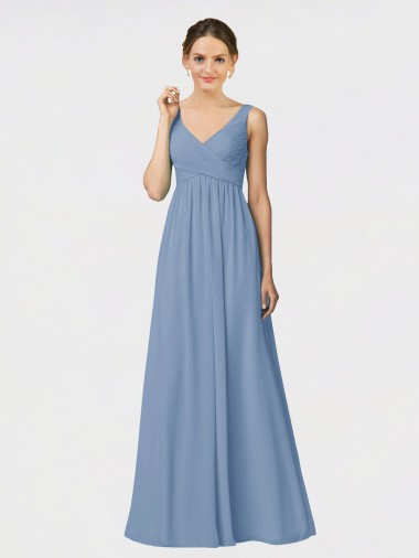 Long Sleeveless Soft Chiffon Dusty Blue A-Line Bridesmaid Gown Edmonton