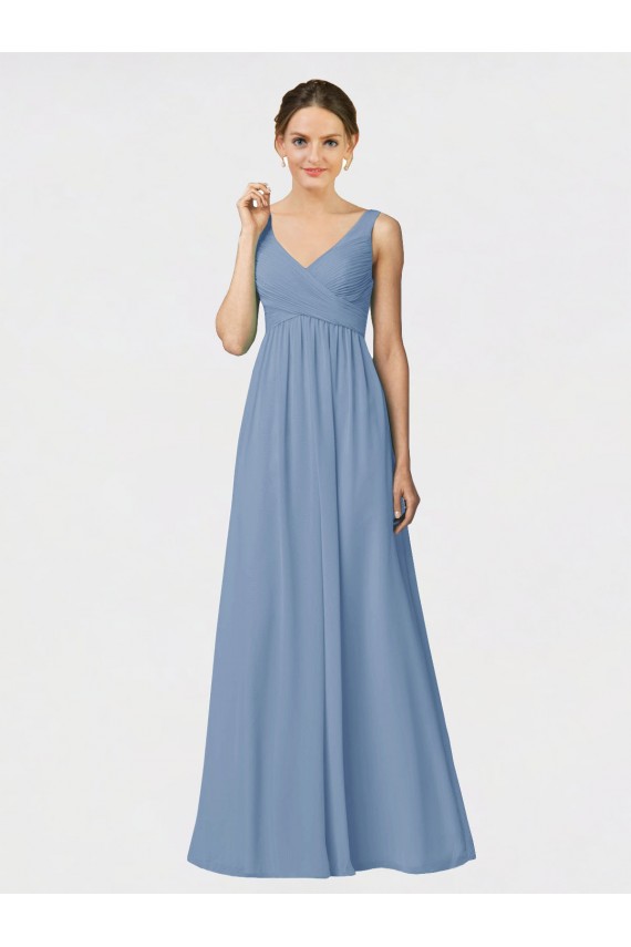 Long Sleeveless Soft Chiffon Dusty Blue A-Line Bridesmaid Gown Edmonton