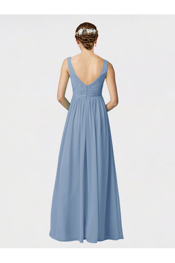 Long Sleeveless Soft Chiffon Dusty Blue A-Line Bridesmaid Gown Edmonton
