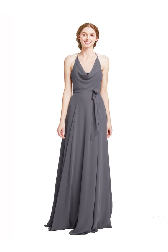 Long Sleeveless Soft Chiffon Slate Grey Spaghetti Straps A-Line Bridesmaid Dress Edmonton