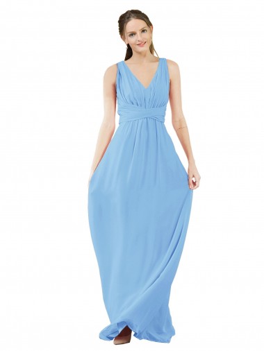 Long Sleeveless Soft Chiffon Periwinkle V-Neck A-Line Bridesmaid Dress Edmonton