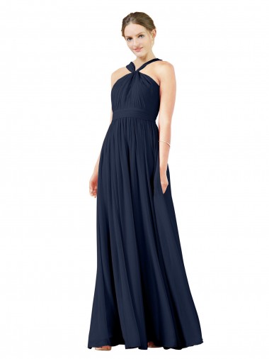 Long Sleeveless Chiffon Dark Navy Princess Bridesmaid Gowns Edmonton