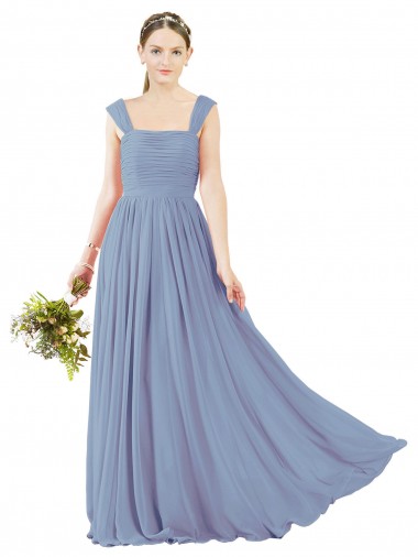 Long Sleeveless Soft Chiffon Dusty Blue Square Neck A-Line Bridesmaid Dress Edmonton