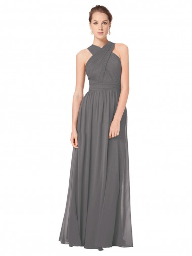 Long Sleeveless Soft Chiffon Stormy Silver A-Line Bridesmaid Dress Edmonton