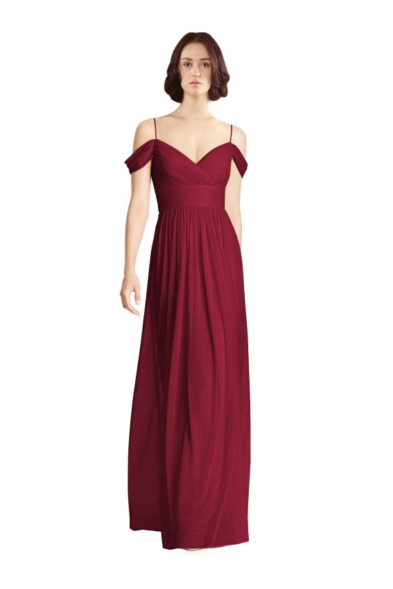 Long Sleeveless Soft Chiffon Burgundy Off the Shoulder A-Line Bridesmaid Dresses Edmonton
