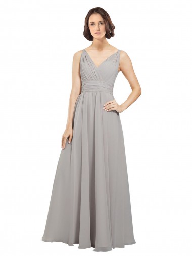 Long Sleeveless Soft Chiffon Oyster Silver A-Line Bridesmaid Dress Edmonton