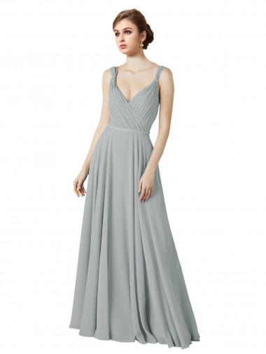 Long Sleeveless Chiffon Silver V-Neck A-Line Bridesmaid Dress / Evening Dress Edmonton