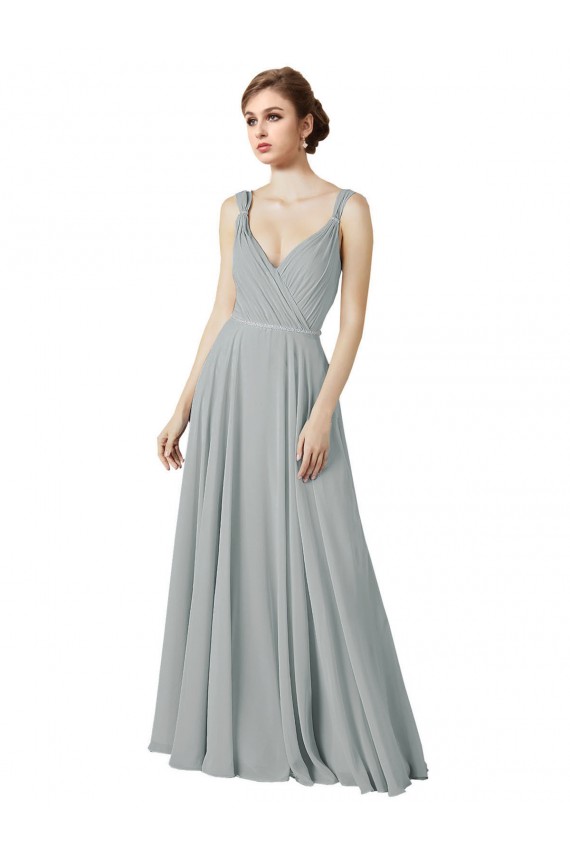 Long Sleeveless Chiffon Silver V-Neck A-Line Bridesmaid Dress / Evening Dress Edmonton