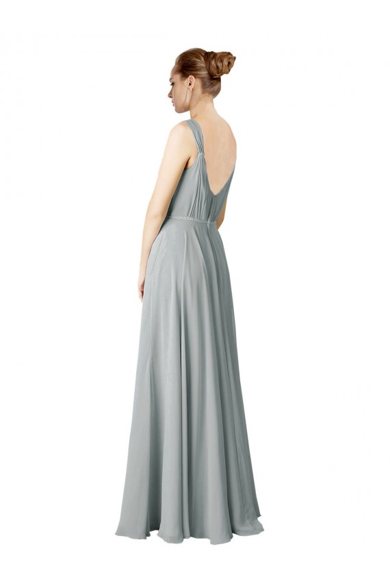 Long Sleeveless Chiffon Silver V-Neck A-Line Bridesmaid Dress / Evening Dress Edmonton