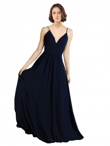 Long Sleeveless Chiffon Dark Navy A-Line Bridesmaid Dress & Gowns Edmonton