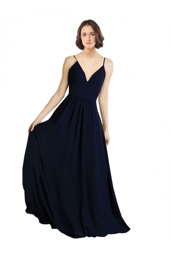 Long Sleeveless Chiffon Dark Navy A-Line Bridesmaid Dress & Gowns Edmonton
