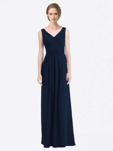 Long Sleeveless Soft Chiffon Dark Navy V-Neck A-Line Evening Gowns / Bridesmaid Dress Edmonton