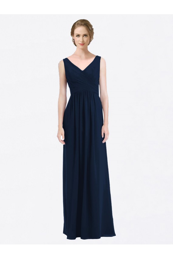 Long Sleeveless Soft Chiffon Dark Navy V-Neck A-Line Evening Gowns / Bridesmaid Dress Edmonton