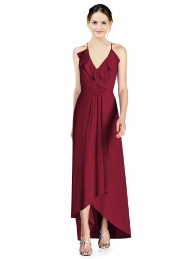 Long Sleeveless Soft Chiffon Burgundy A-Line High Low Bridesmaid Dress Edmonton