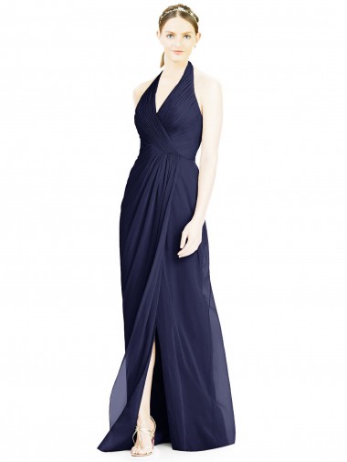 Long Sleeveless Soft Chiffon Dark Navy Halter Neck A-Line Formal Dress / Bridesmaid Dress Edmonton