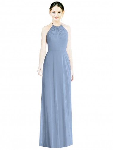 Long Floor Length Sleeveless Chiffon Dusty Blue Halter Neck A-Line Bridesmaid Dress Edmonton
