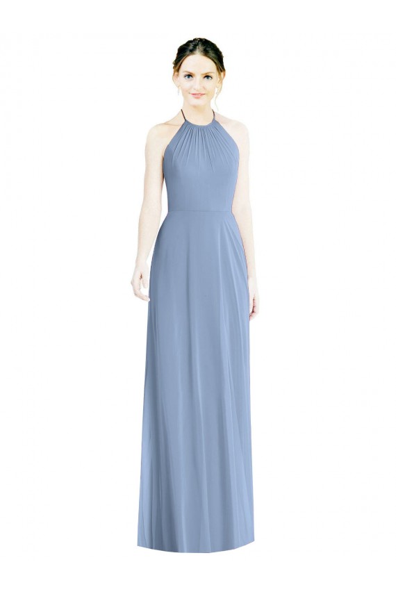 Long Floor Length Sleeveless Chiffon Dusty Blue Halter Neck A-Line Bridesmaid Dress Edmonton