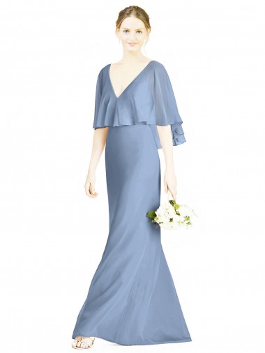 Long Sleeveless Soft Chiffon Dusty Blue V-Neck Trumpet Bridesmaid Dress Edmonton