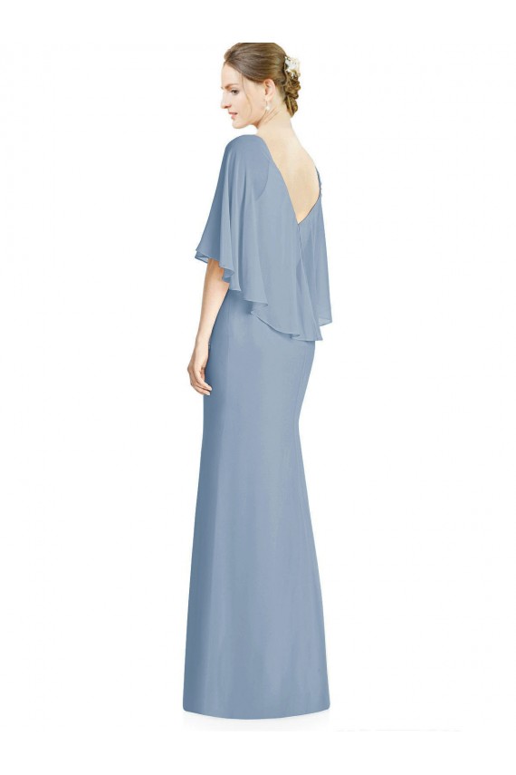 Long Sleeveless Soft Chiffon Dusty Blue V-Neck Trumpet Bridesmaid Dress Edmonton