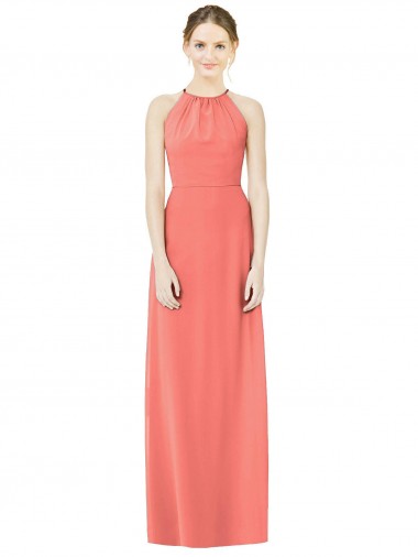 Long Sleeveless Soft Chiffon Coral Halter Neck A-Line Bridesmaid Dress Edmonton