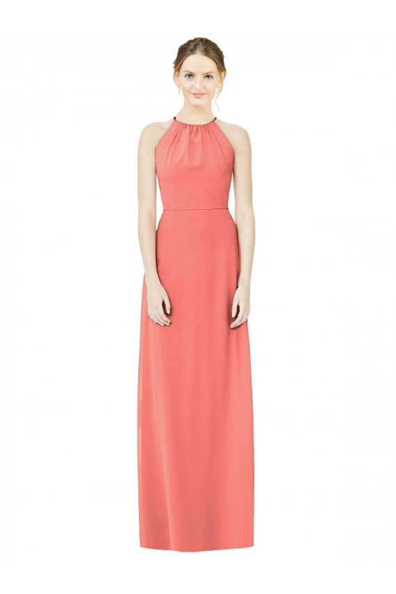 Long Sleeveless Soft Chiffon Coral Halter Neck A-Line Bridesmaid Dress Edmonton