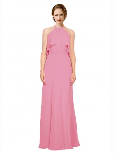 Long Sleeveless Soft Chiffon Skin Pink Halter Neck A-Line Bridesmaid Dress Edmonton
