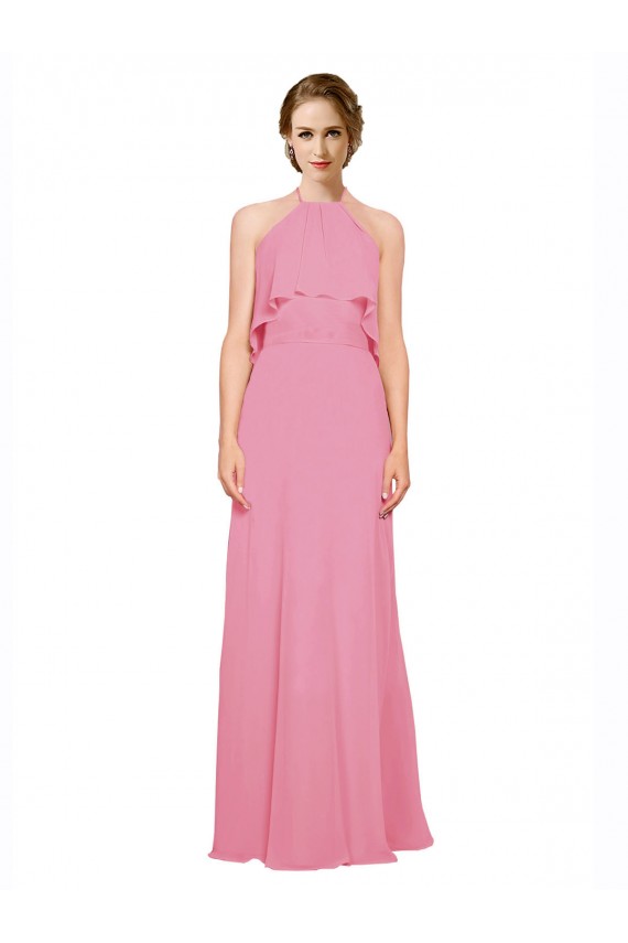 Long Sleeveless Soft Chiffon Skin Pink Halter Neck A-Line Bridesmaid Dress Edmonton