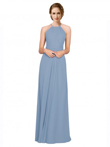 Long Sleeveless Chiffon Dusty Blue Halter Neck A-Line Bridesmaid Dress / Evening Dress Edmonton