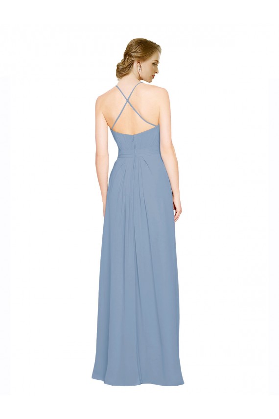 Long Sleeveless Chiffon Dusty Blue Halter Neck A-Line Bridesmaid Dress / Evening Dress Edmonton