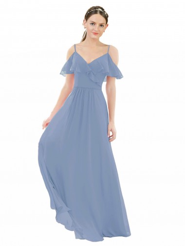 Long Cap Sleeves Lxue Chiffon Dusty Blue A-Line Bridesmaid Dress Edmonton