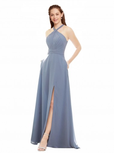 Long Sleeveless Soft Chiffon Dusty Blue A-Line Evening Dress / Bridal Party Dress Edmonton