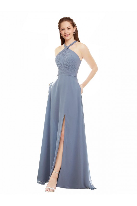 Long Sleeveless Soft Chiffon Dusty Blue A-Line Evening Dress / Bridal Party Dress Edmonton