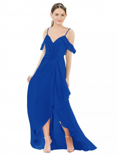 Long Cold Shoulder Soft Chiffon Royal Blue A-Line High Low Bridesmaid Dress Edmonton