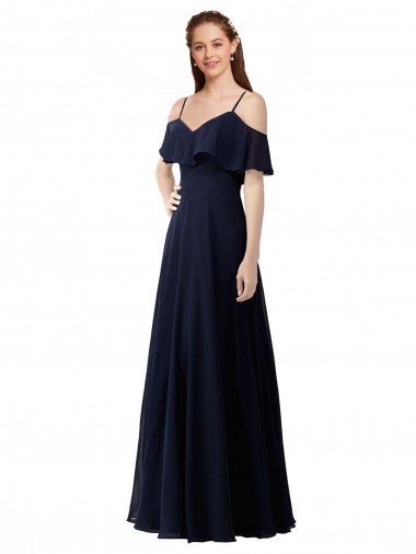 Long Sleeveless Soft Chiffon Dark Navy Off the Shoulder A-Line Bridesmaid Dress Edmonton