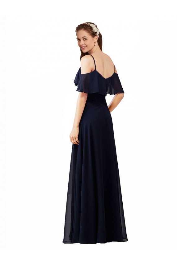 Long Sleeveless Soft Chiffon Dark Navy Off the Shoulder A-Line Bridesmaid Dress Edmonton