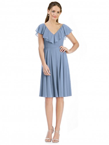 Cocktail Length Cap Sleeves Soft Chiffon Dusty Blue A-Line Bridesmaid Dress Edmonton