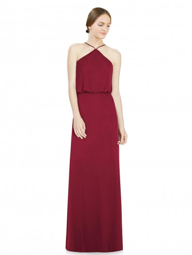 Long Sleeveless Soft Chiffon Burgundy Halter Neck A-Line Bridesmaid Dress Edmonton